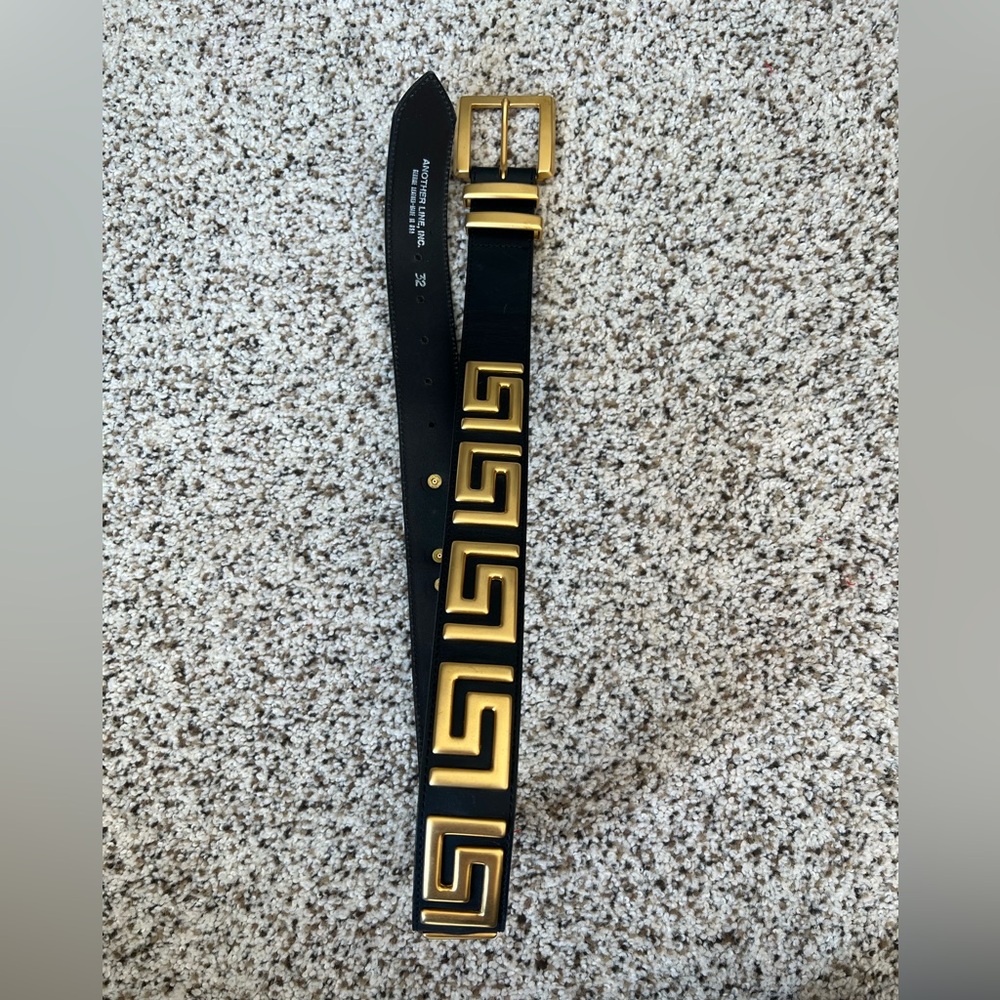 Another Line Inc Genuine leather black belt with gold hardware design 32”